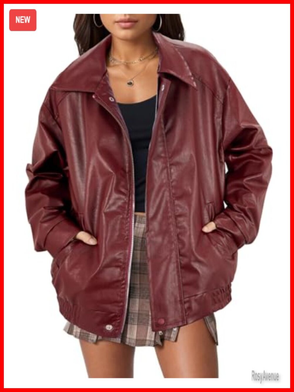 Womens Faux Leather Oversized Motorcycle Bomber Jacket Zip Up Moto Biker Coat
